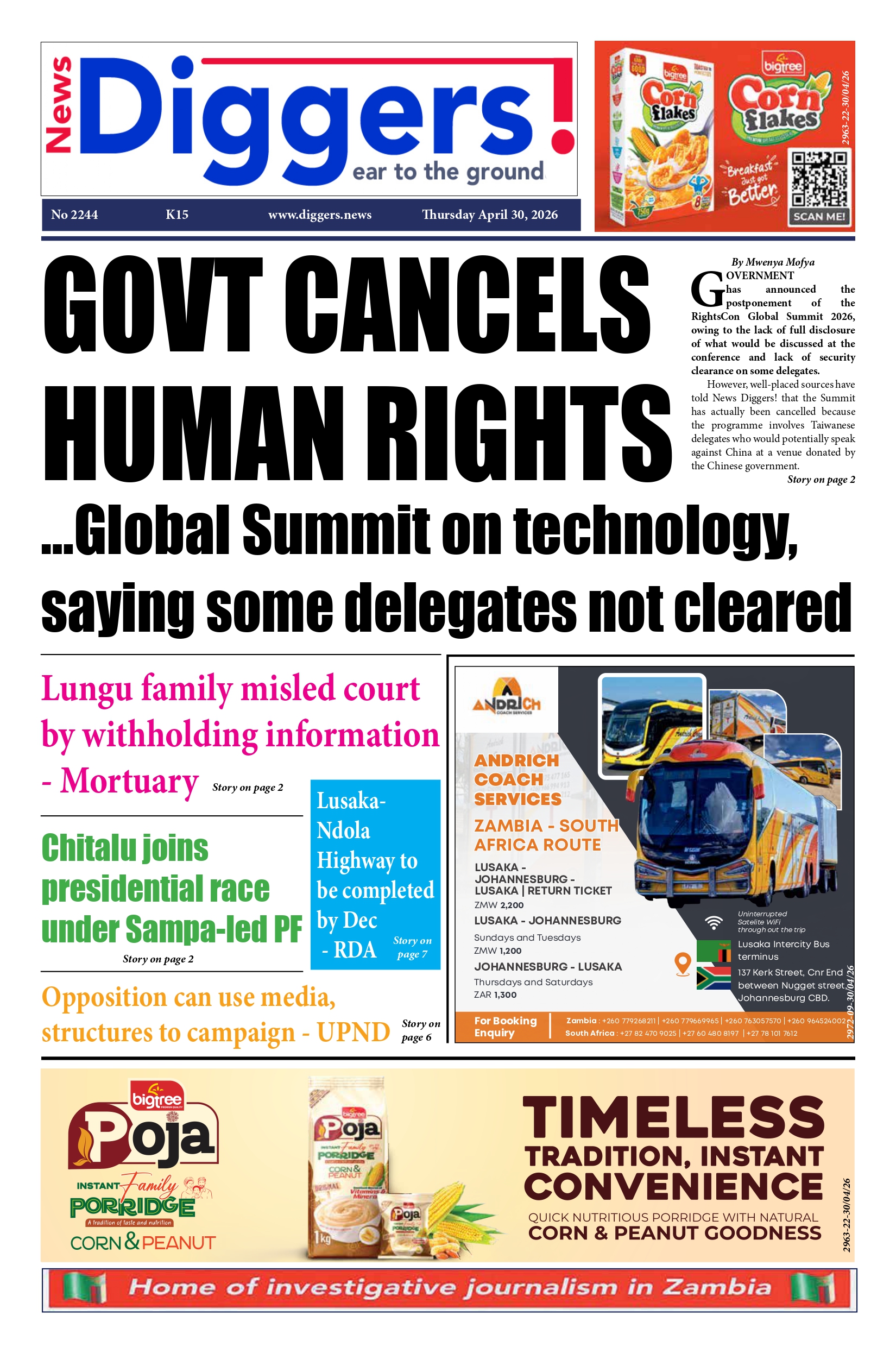 News Diggers Edition 2244 Thursday April 30, 2026 – Zambia: News Diggers!