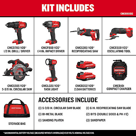 6-Tool Craftsman V20 Max Power Tool Combo Kit w/ 2x 2.0Ah Batteries & Charger