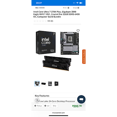 Micro Center: Intel Ultra 7 270K + Gigabyte Z890 Eagle Wi-Fi7 MB + 32GB DDR5 6400