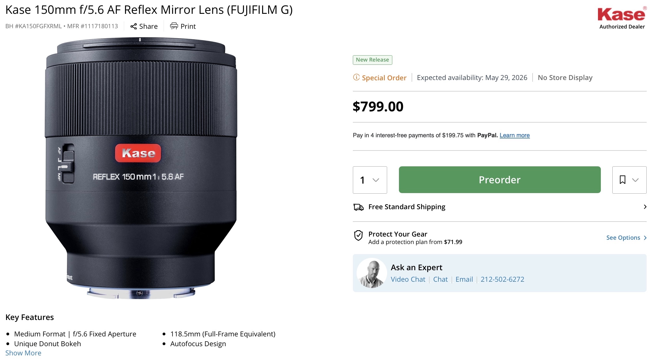 Kase 150mm f/5.6 AF Reflex Mirror Lens Autofocus Lens