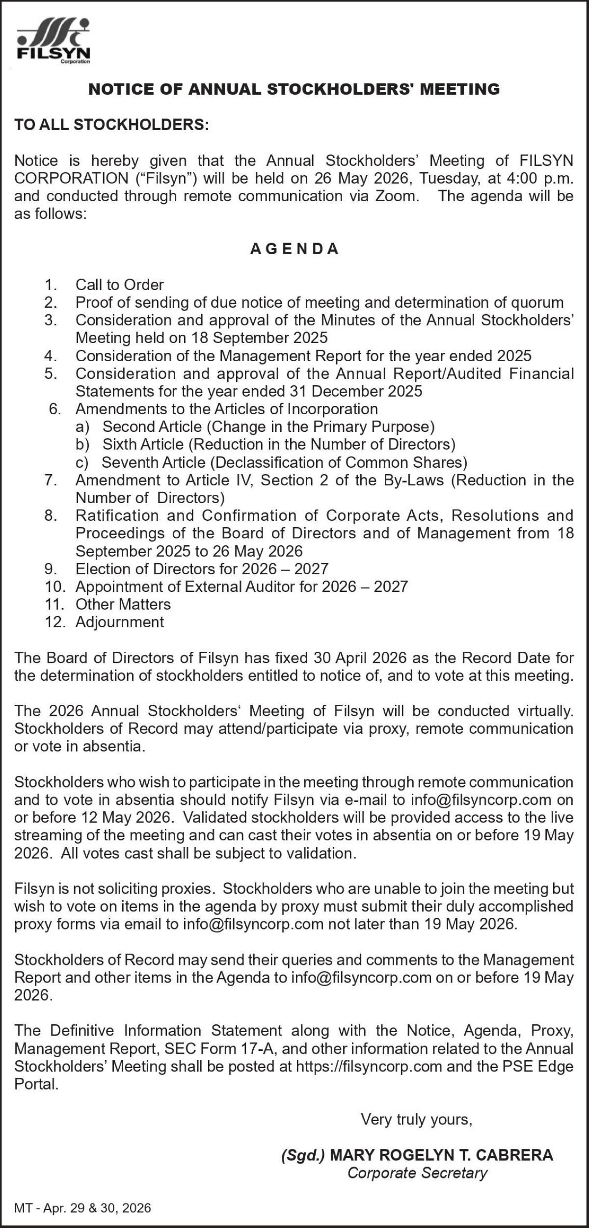 FilSyn Corp. to hold annual stockholder's meeting