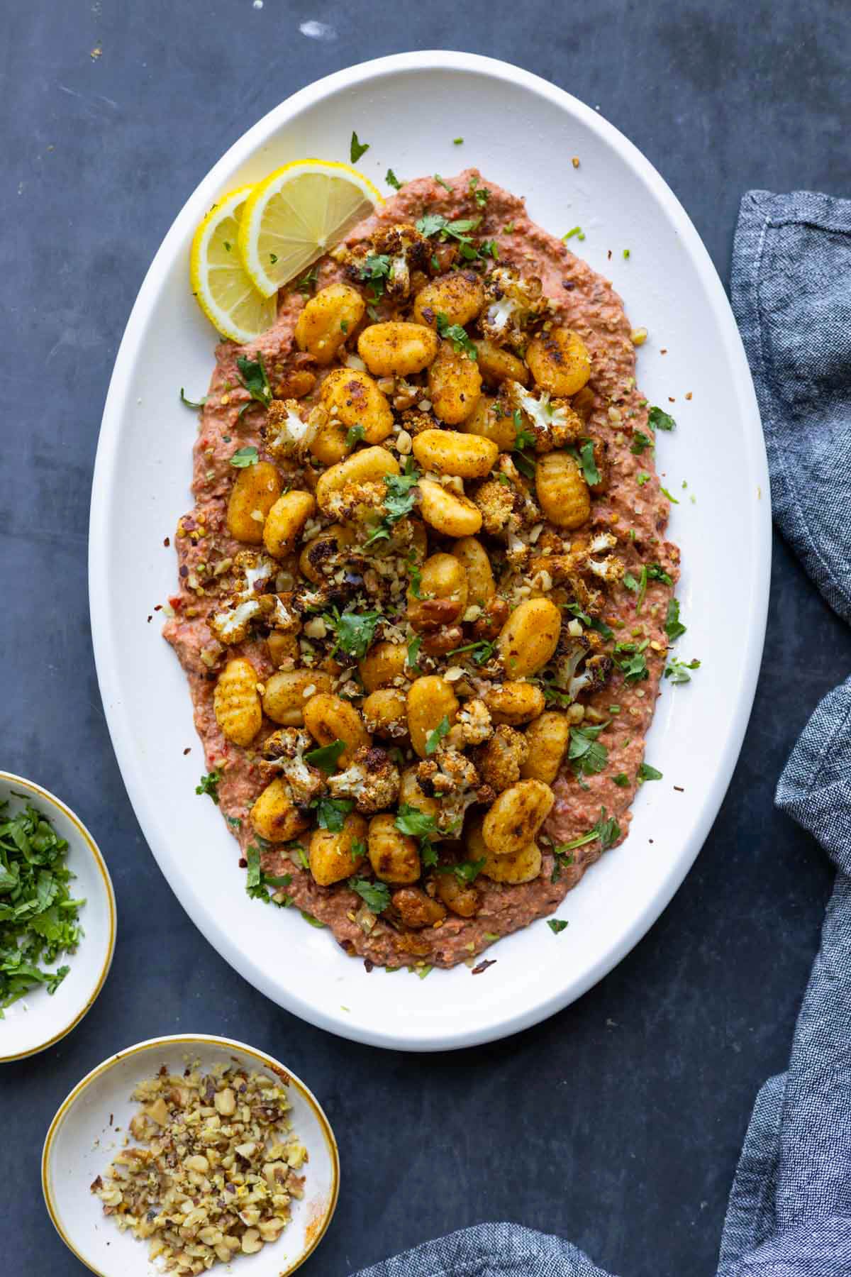 Crispy Gnocchi with Muhammara Bean Dip